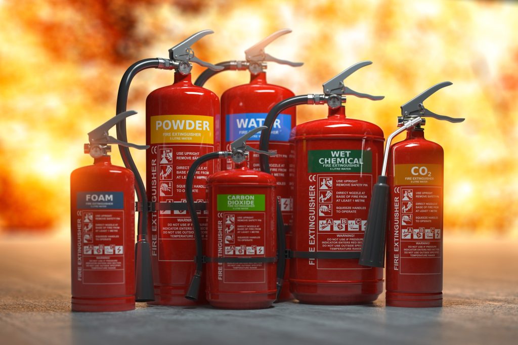 what material does a fire extinguisher with a blue label contain